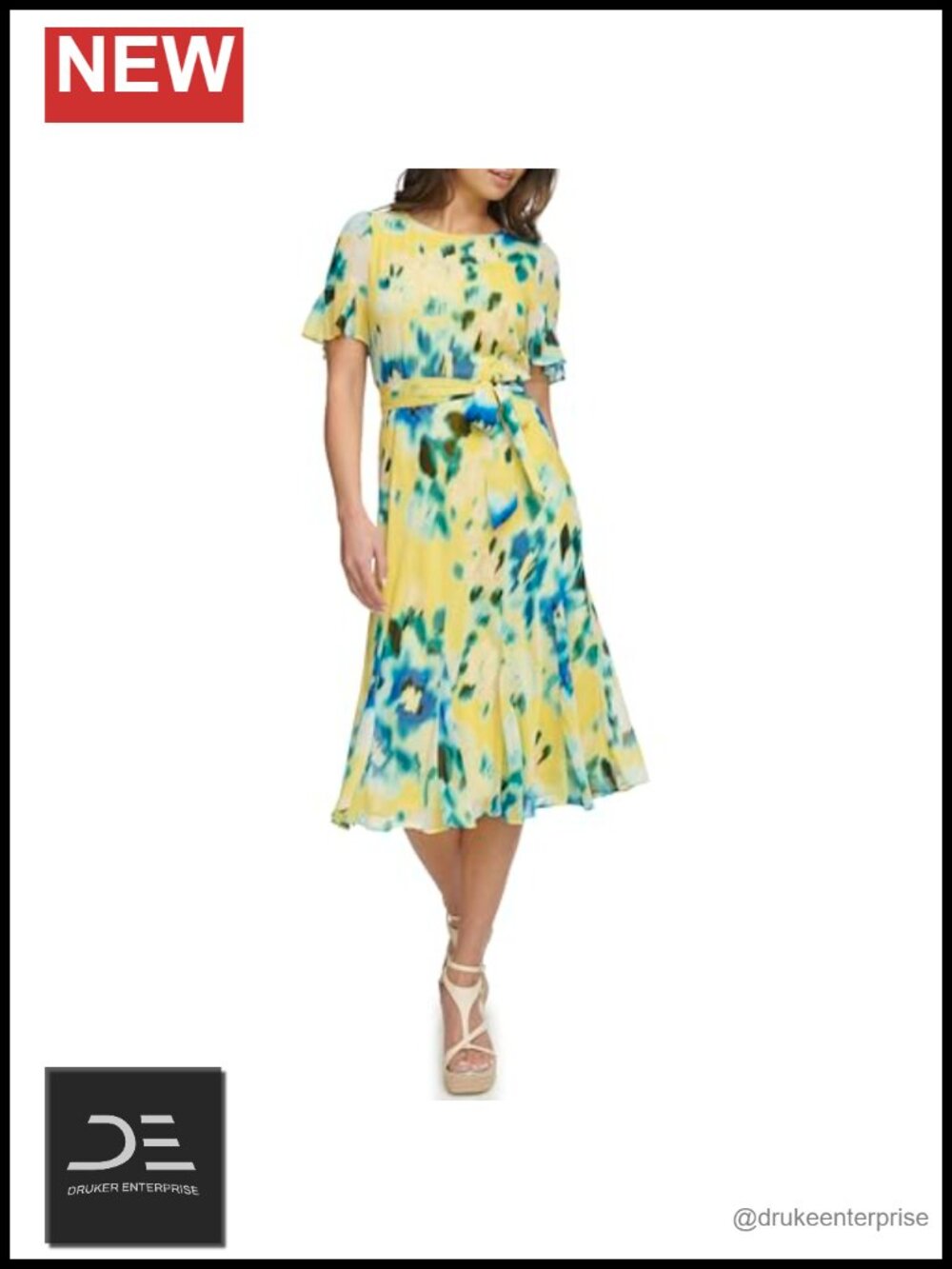 DKNY Flutter Sleeve Waist Tie Midi Dress Fit & Flare Business Casual